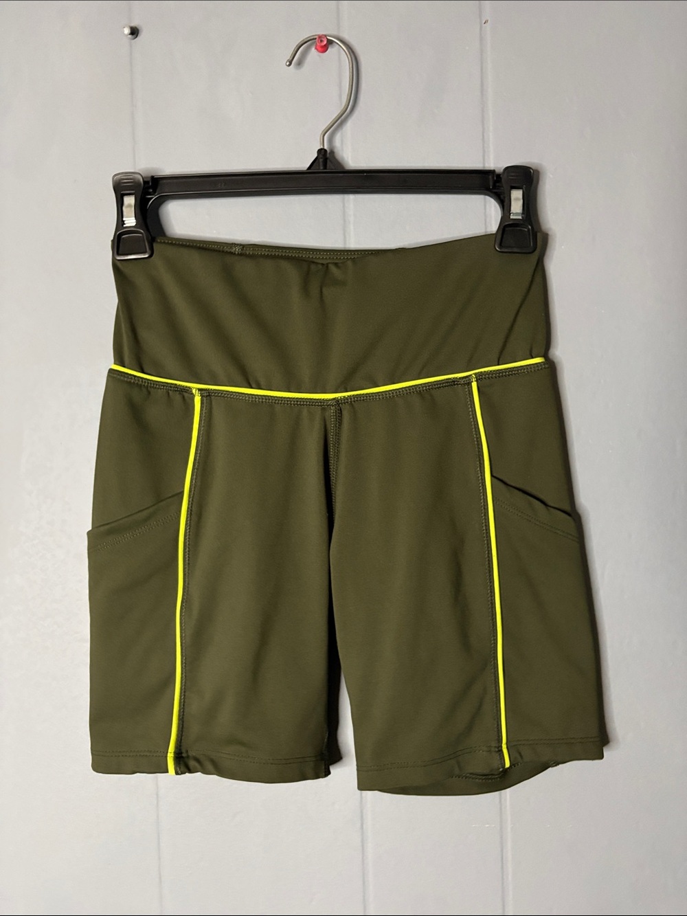 lululemon athletica Olive Bike Shorts with Neon Yellow Trim